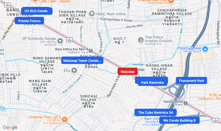 Screenshot of Maiyalap (MRT Pink) area showing nearby condos and landmarks in Bangkok