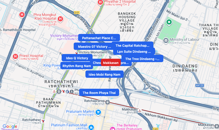 Screenshot of Makkasan (area) area showing nearby condos and landmarks in Bangkok