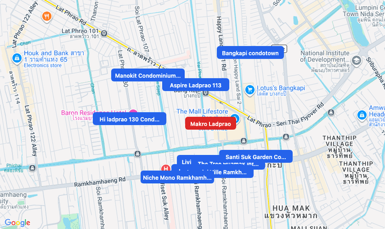 Screenshot of Makro Ladprao (supermarket) area showing nearby condos and landmarks in Bangkok