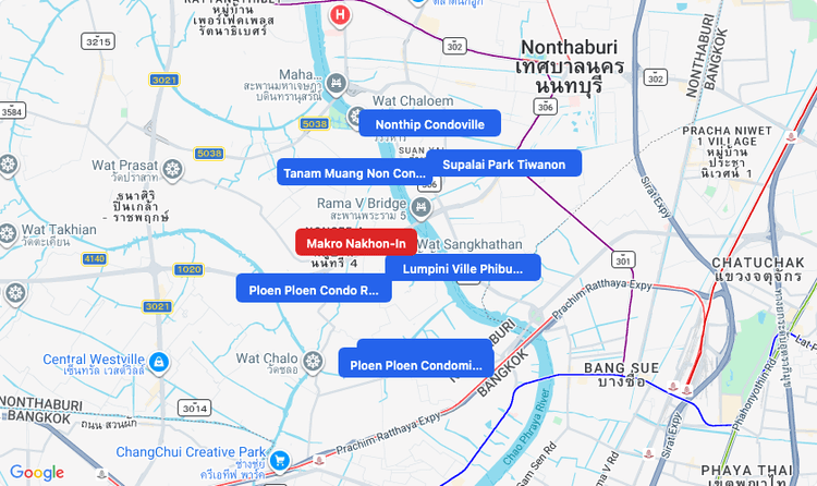Screenshot of Makro Nakhon-In (supermarket) area showing nearby condos and landmarks in Bangkok