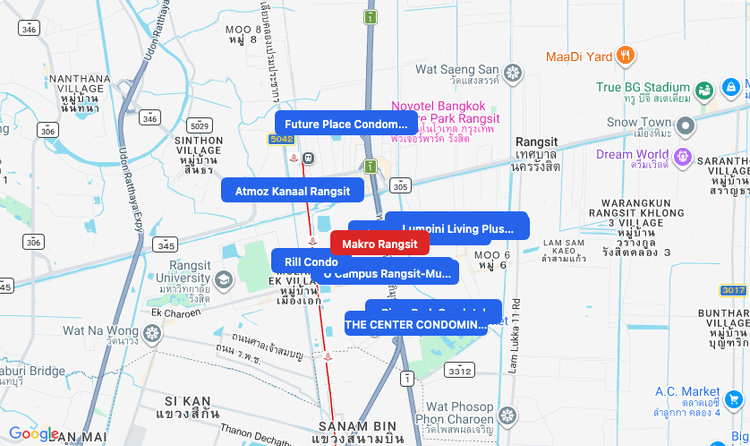 Screenshot of Makro Rangsit (supermarket) area showing nearby condos and landmarks in Bangkok