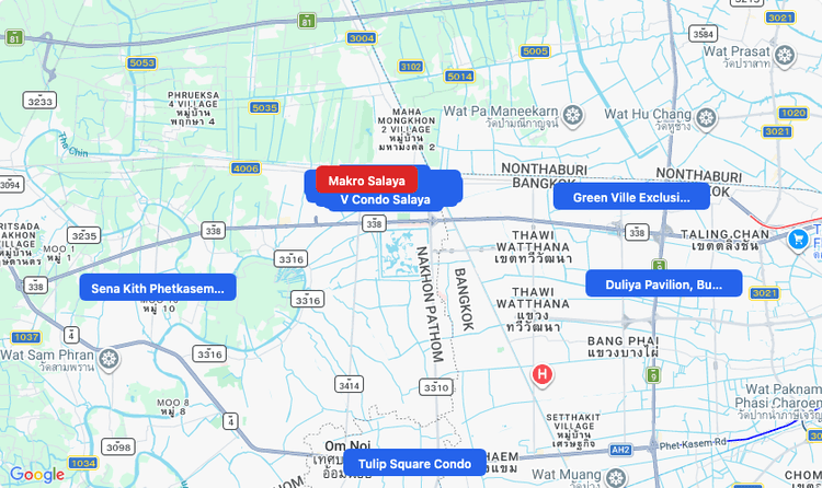 Screenshot of Makro Salaya (supermarket) area showing nearby condos and landmarks in Bangkok