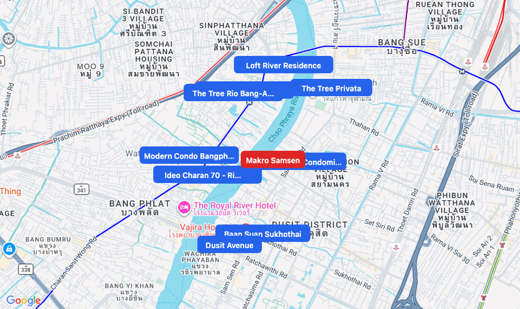 Screenshot of Makro Samsen (supermarket) area showing nearby condos and landmarks in Bangkok