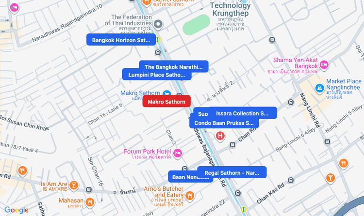 Screenshot of Makro Sathorn (supermarket) area showing nearby condos and landmarks in Bangkok