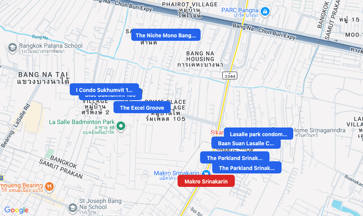 Screenshot of Makro Srinakarin (supermarket) area showing nearby condos and landmarks in Bangkok
