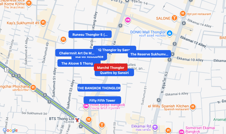 Screenshot of Marché Thonglor (shopping) area showing nearby condos and landmarks in Bangkok