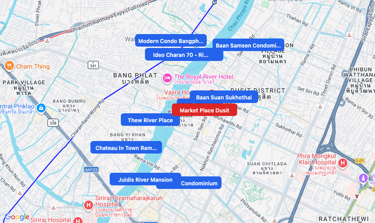 Screenshot of Market Place Dusit (shopping) area showing nearby condos and landmarks in Bangkok