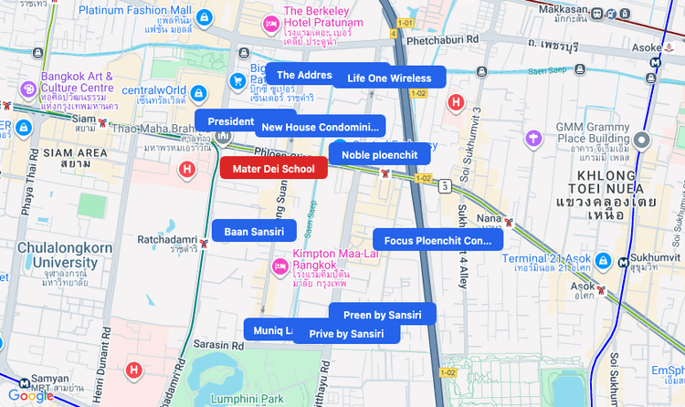 Screenshot of Mater Dei School (school) area showing nearby condos and landmarks in Bangkok