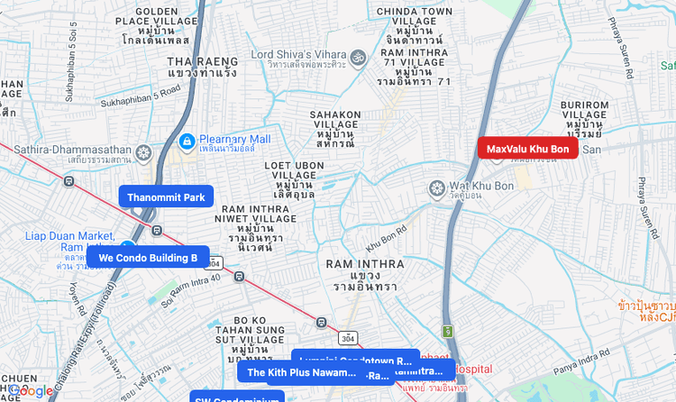 Screenshot of MaxValu Khu Bon (shopping) area showing nearby condos and landmarks in Bangkok