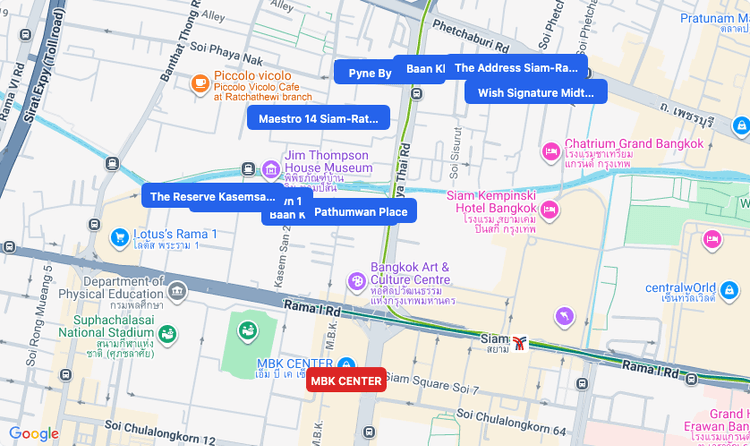 Screenshot of MBK CENTER (shopping) area showing nearby condos and landmarks in Bangkok