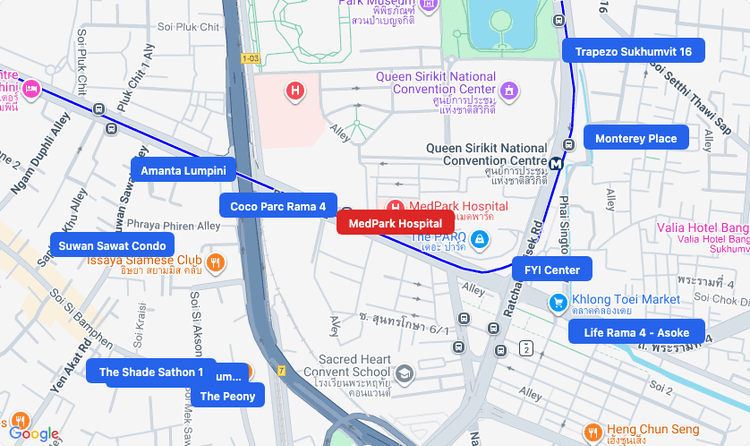 Screenshot of MedPark Hospital (hospital) area showing nearby condos and landmarks in Bangkok