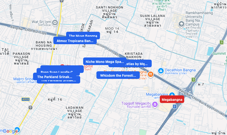 Screenshot of Megabangna (shopping) area showing nearby condos and landmarks in Bangkok