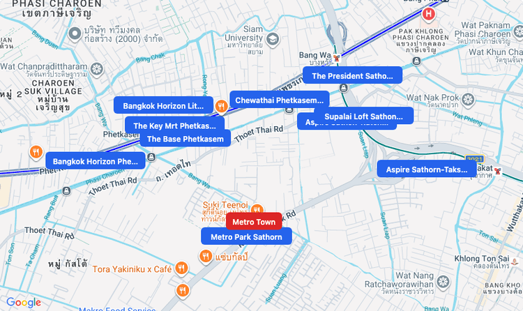 Screenshot of Metro Town (shopping) area showing nearby condos and landmarks in Bangkok