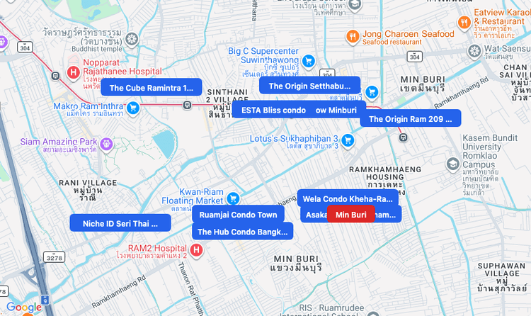 Screenshot of Min Buri (area) area showing nearby condos and landmarks in Bangkok