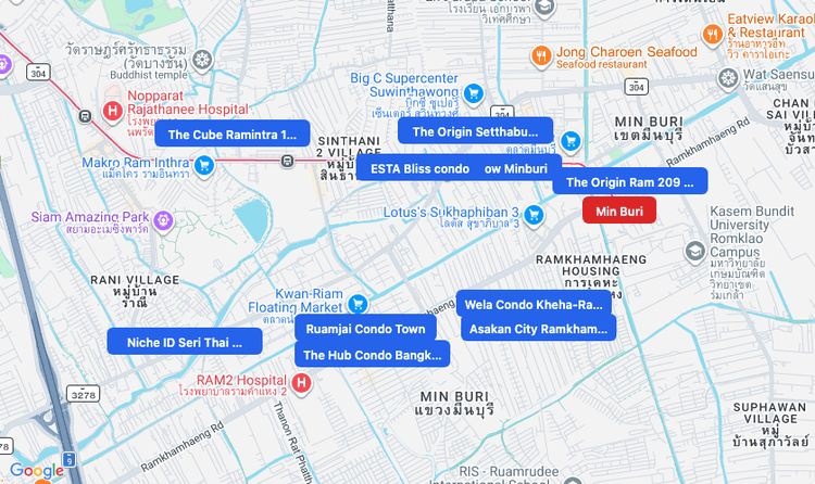 Screenshot of Min Buri (MRT Pink) area showing nearby condos and landmarks in Bangkok