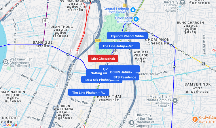 Screenshot of Mixt Chatuchak (shopping) area showing nearby condos and landmarks in Bangkok