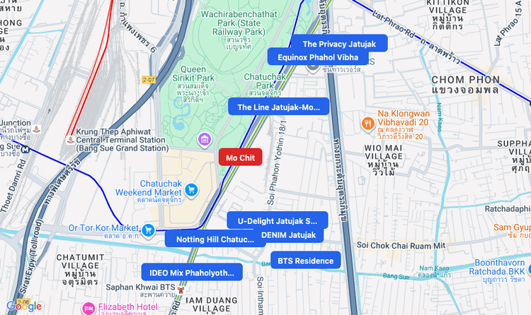 Screenshot of Mo Chit (BTS Sukhumvit (Green)) area showing nearby condos and landmarks in Bangkok