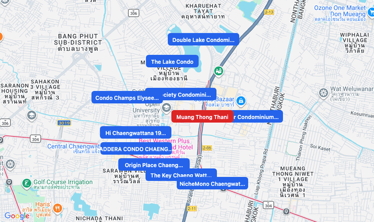 Screenshot of Muang Thong Thani (MRT Pink) area showing nearby condos and landmarks in Bangkok
