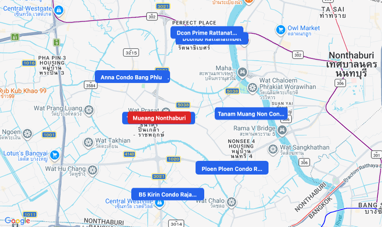 Screenshot of Mueang Nonthaburi (area) area showing nearby condos and landmarks in Bangkok