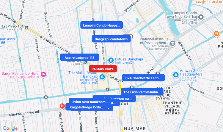 Screenshot of N-Mark Plaza (shopping) area showing nearby condos and landmarks in Bangkok