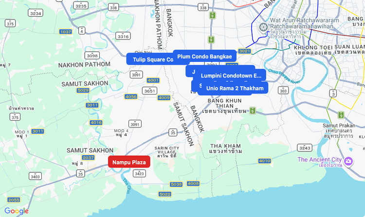 Screenshot of Nampu Plaza (shopping) area showing nearby condos and landmarks in Bangkok