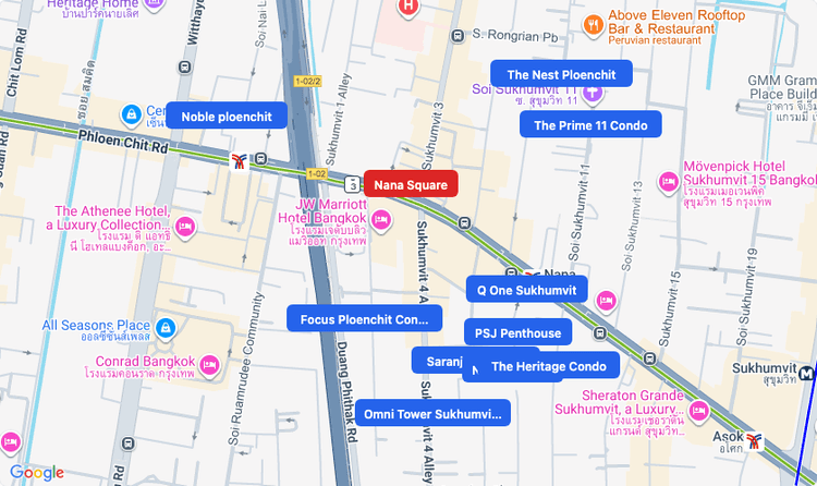 Screenshot of Nana Square (shopping) area showing nearby condos and landmarks in Bangkok