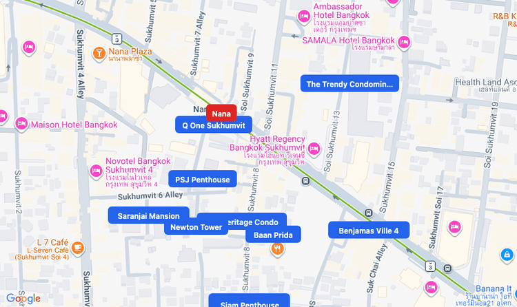 Screenshot of Nana (BTS Sukhumvit (Green)) area showing nearby condos and landmarks in Bangkok