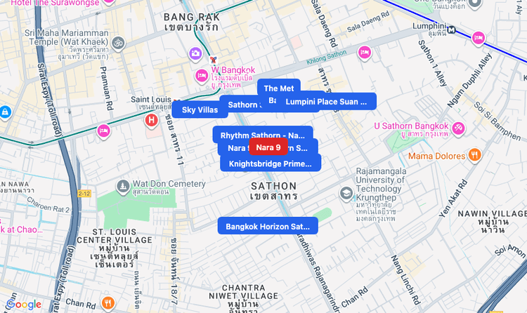 Screenshot of Nara 9 (area) area showing nearby condos and landmarks in Bangkok