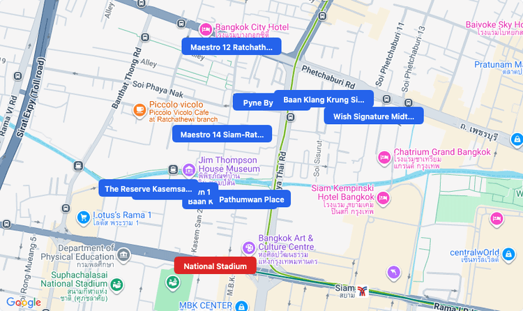 Screenshot of National Stadium (BTS Silom (Green)) area showing nearby condos and landmarks in Bangkok