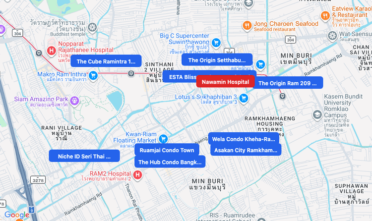 Screenshot of Nawamin Hospital (hospital) area showing nearby condos and landmarks in Bangkok