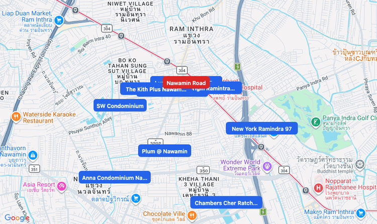 Screenshot of Nawamin Road (area) area showing nearby condos and landmarks in Bangkok