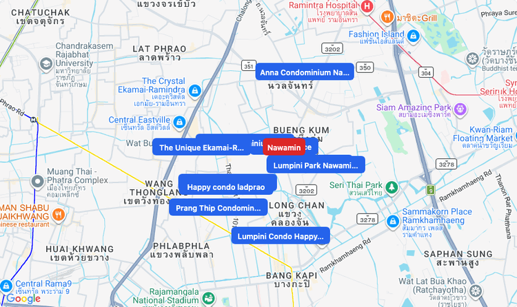Screenshot of Nawamin (area) area showing nearby condos and landmarks in Bangkok
