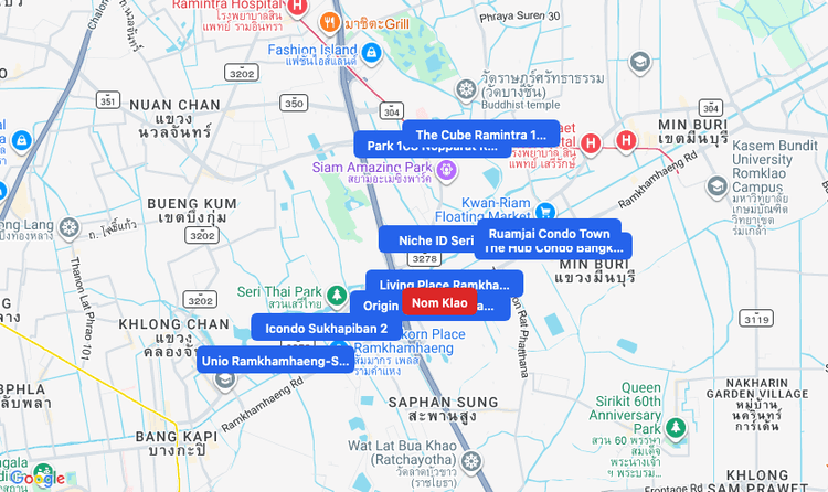 Screenshot of Nom Klao (MRT Pink) area showing nearby condos and landmarks in Bangkok
