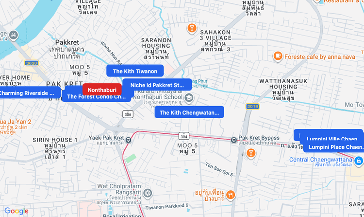 Screenshot of Nonthaburi (area) area showing nearby condos and landmarks in Bangkok