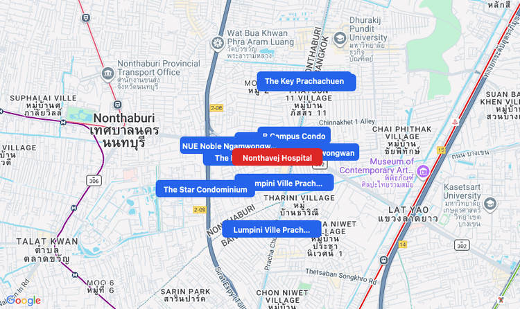 Screenshot of Nonthavej Hospital (hospital) area showing nearby condos and landmarks in Bangkok