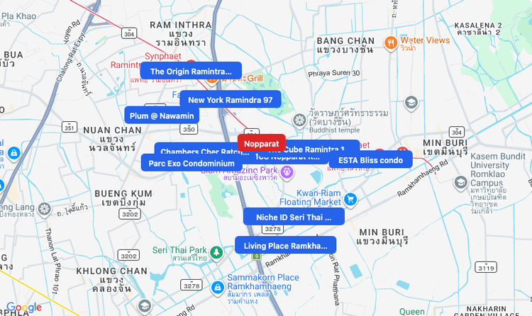 Screenshot of Nopparat (MRT Pink) area showing nearby condos and landmarks in Bangkok