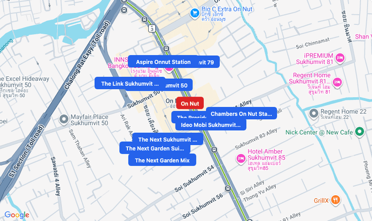 Screenshot of On Nut (BTS Sukhumvit (Green)) area showing nearby condos and landmarks in Bangkok
