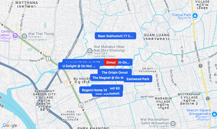 Screenshot of Onnut (area) area showing nearby condos and landmarks in Bangkok