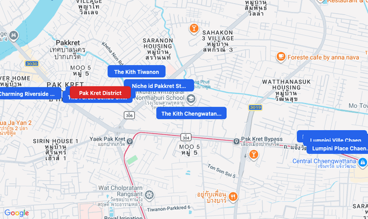 Screenshot of Pak Kret District (area) area showing nearby condos and landmarks in Bangkok