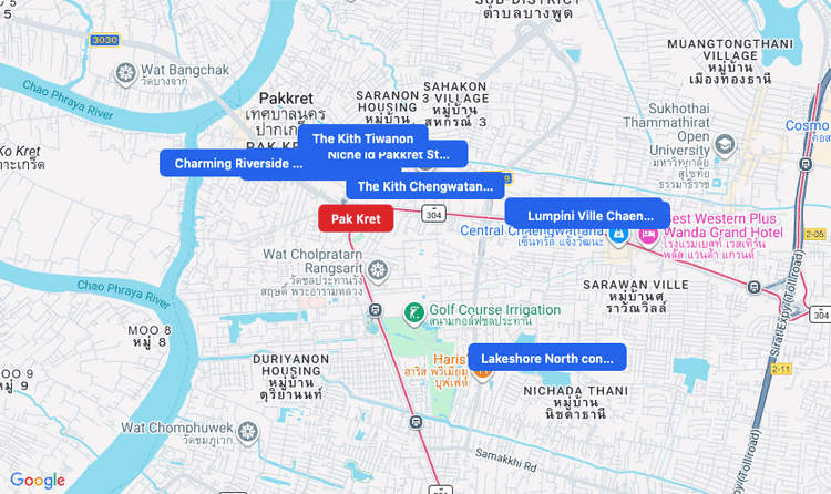Screenshot of Pak Kret (MRT Pink) area showing nearby condos and landmarks in Bangkok