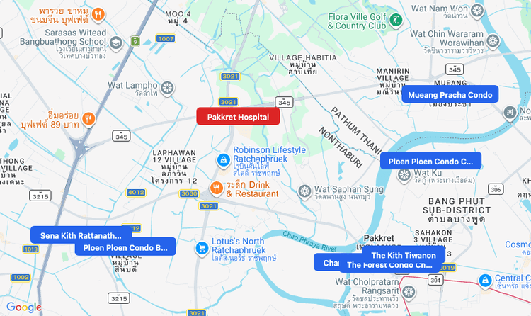 Screenshot of Pakkret Hospital (hospital) area showing nearby condos and landmarks in Bangkok