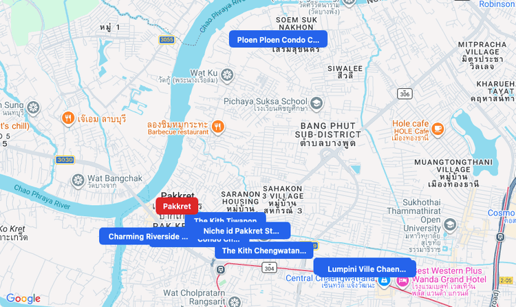 Screenshot of Pakkret (area) area showing nearby condos and landmarks in Bangkok