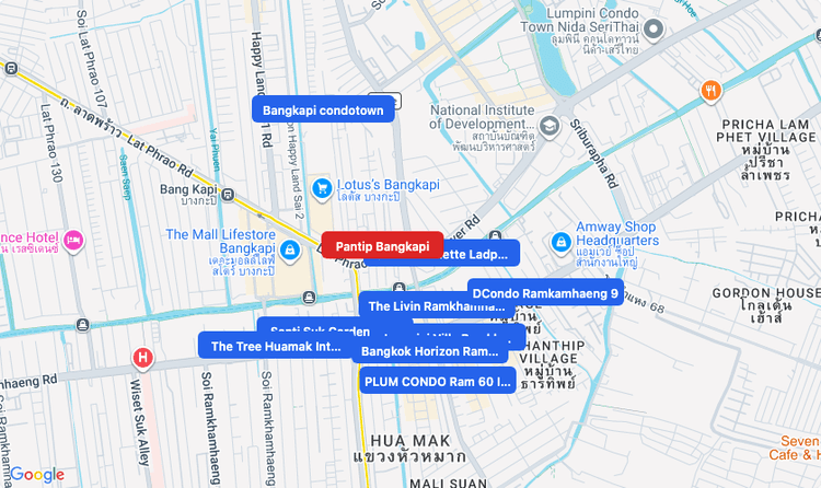 Screenshot of Pantip Bangkapi (shopping) area showing nearby condos and landmarks in Bangkok