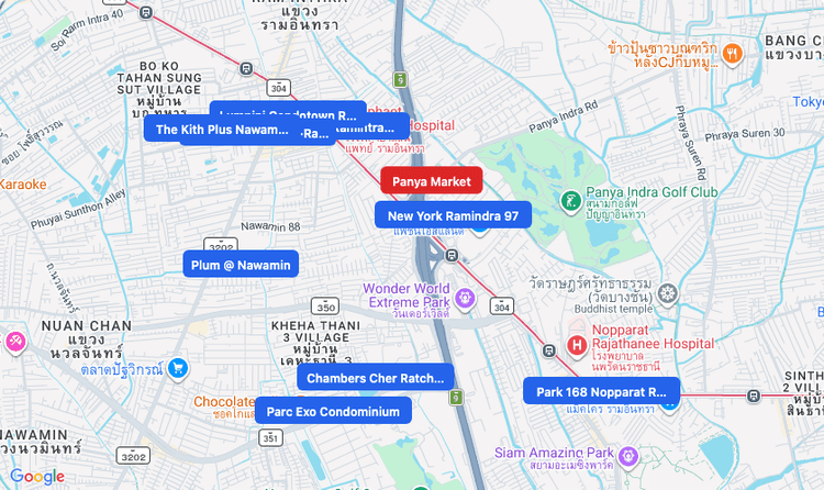 Screenshot of Panya Market (shopping) area showing nearby condos and landmarks in Bangkok