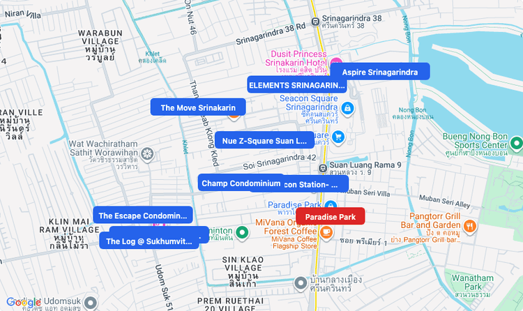 Screenshot of Paradise Park (shopping) area showing nearby condos and landmarks in Bangkok