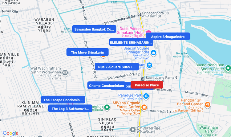 Screenshot of Paradise Place (shopping) area showing nearby condos and landmarks in Bangkok