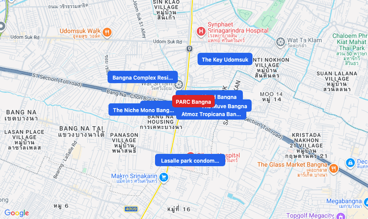 Screenshot of PARC Bangna (shopping) area showing nearby condos and landmarks in Bangkok