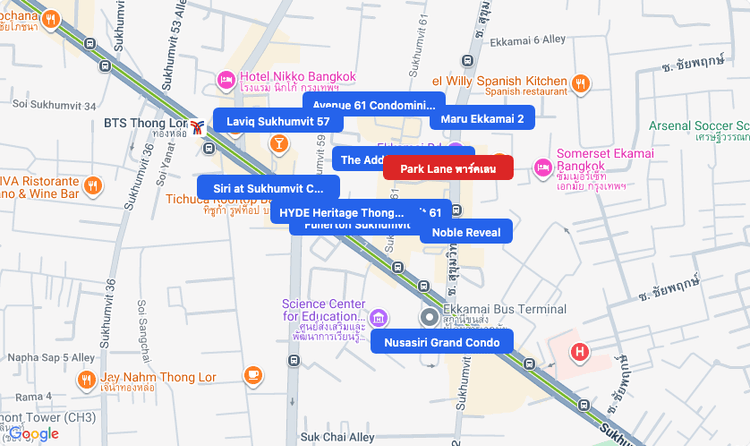 Screenshot of Park Lane (shopping) area showing nearby condos and landmarks in Bangkok