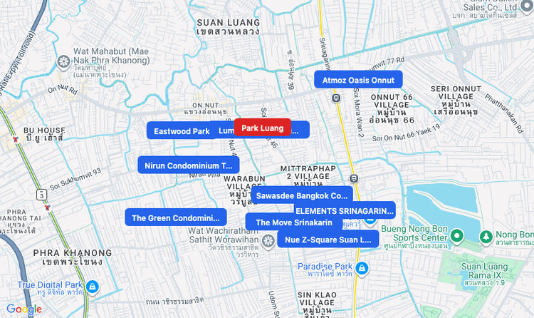 Screenshot of Park Luang (area) area showing nearby condos and landmarks in Bangkok