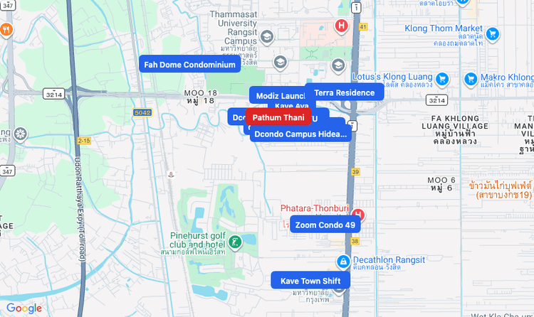 Screenshot of Pathum Thani (area) area showing nearby condos and landmarks in Bangkok